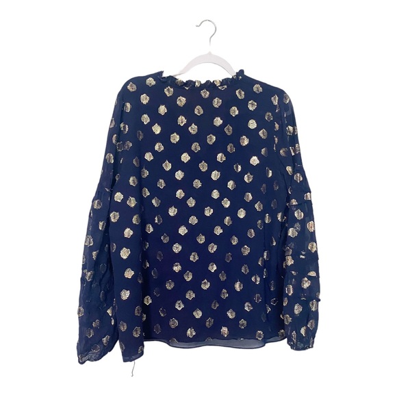 Lilly Pulitzer Giana Silk Blouse High Tide Gold Metallic Clip Navy Blue Size XL - Picture 8 of 11
